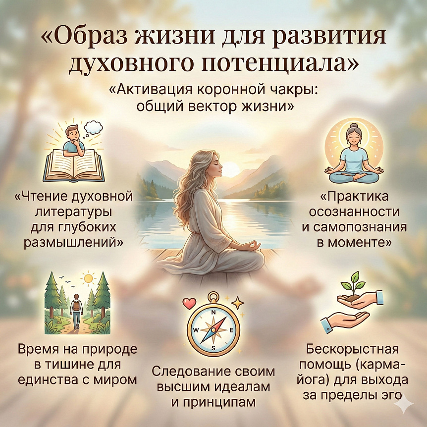 Инфографика: образ жизни и практики для активации коронной чакры и развития духовного потенциала