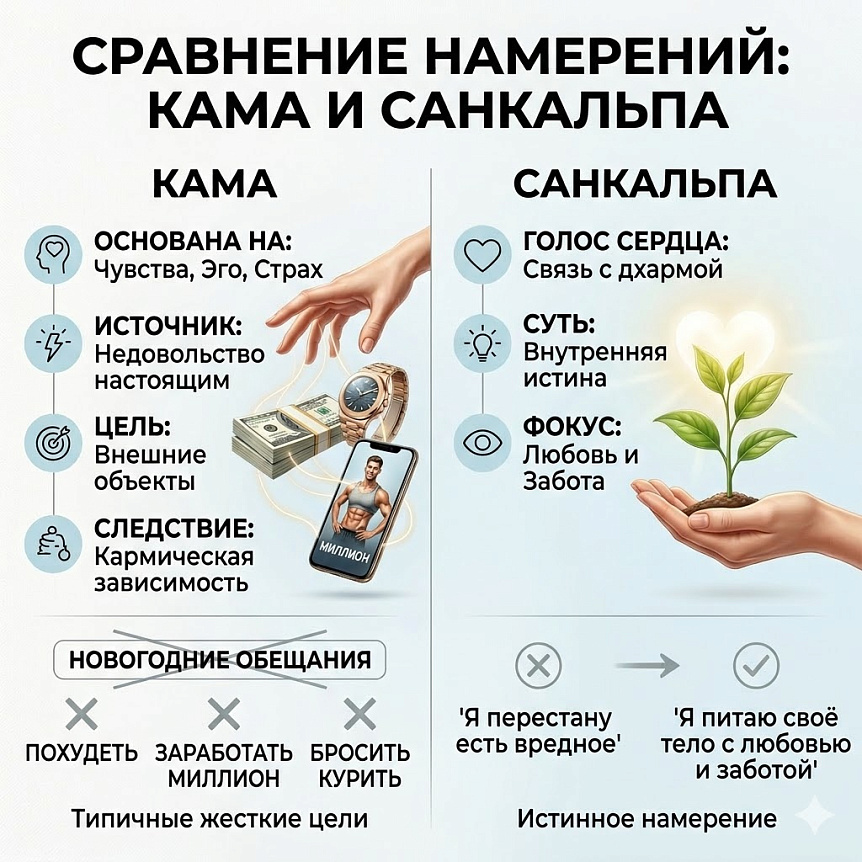 Инфографика сравнивает концепты Кама и Санкальпа. Показывает различие между желаниями от эго и голосом сердца для йоги