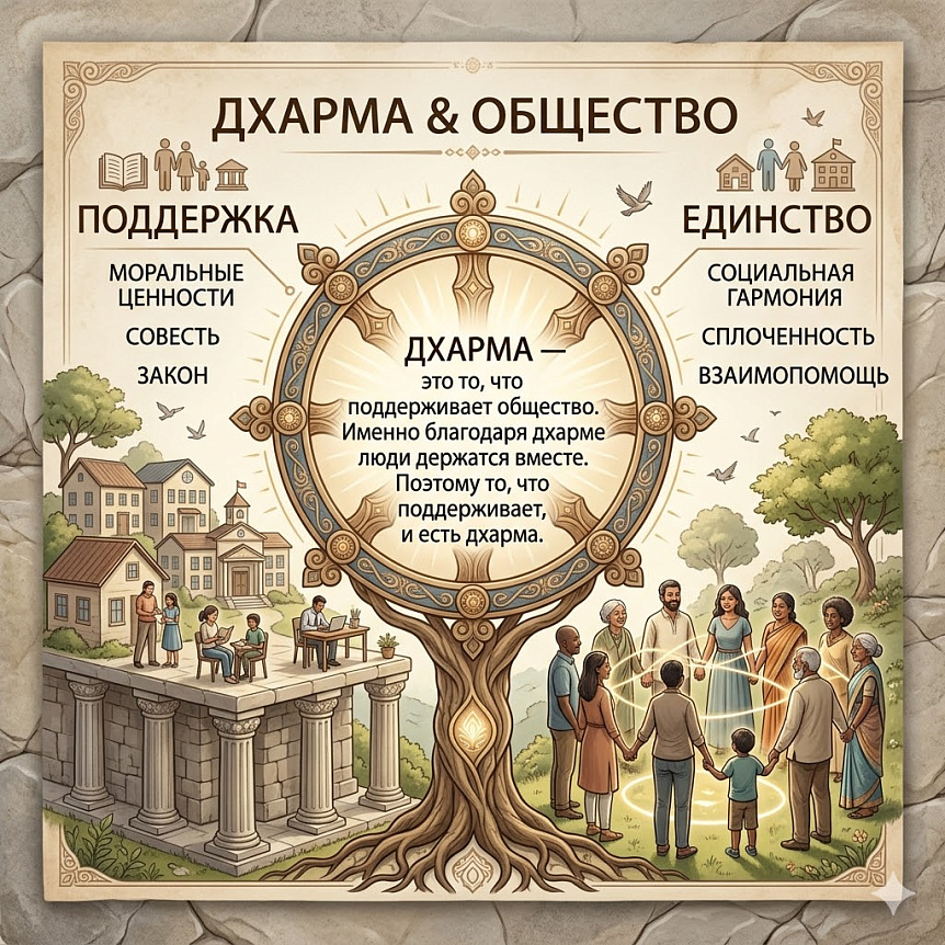 Инфографика структуры Дхармы, иллюстрирующая концепцию поддерживающего начала как основу общественных связей