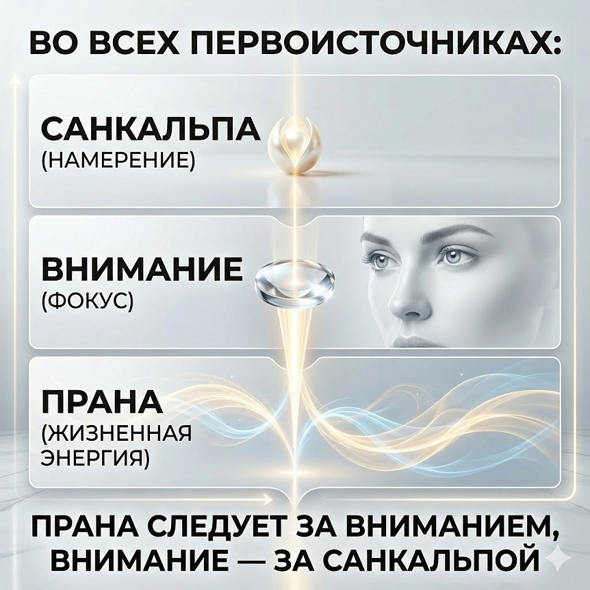 Санкальпа (намерение), Внимание (фокус) и Прана (энергия), соединенных световым лучом