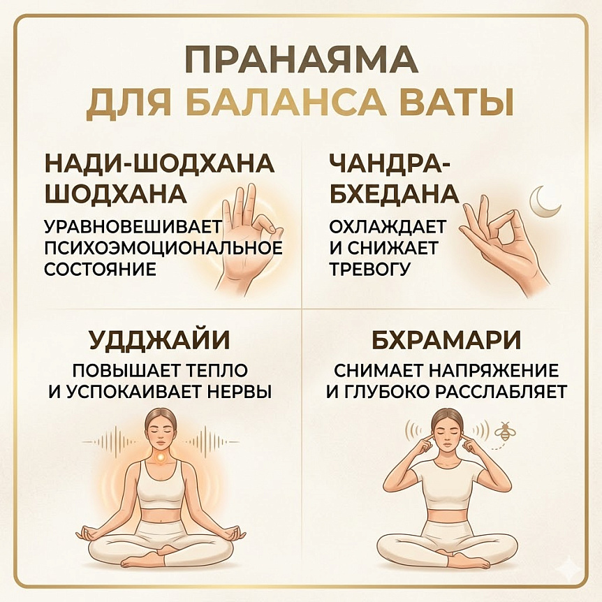 Инфографика техник пранаямы: Нади Шодхана, Чандра Бхедана, Удджайи, Бхрамари для баланса Вата-доши и снятия стресса