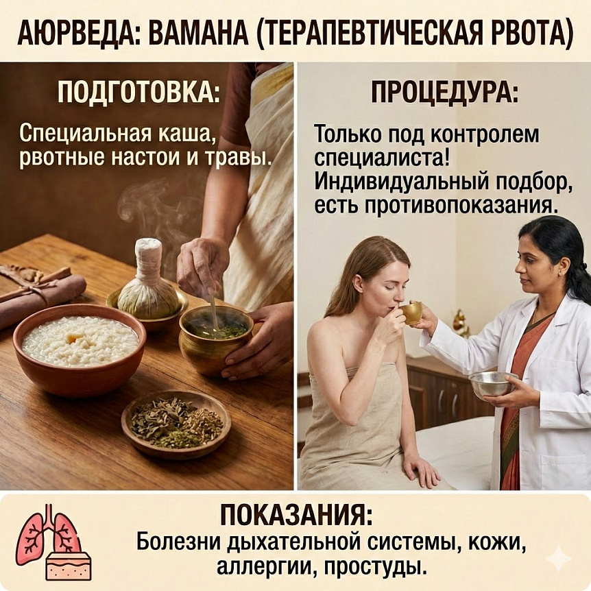 Инфографика процедуры Вамана (терапевтическая рвота) в аюрведе: этапы подготовки и проведение под контролем врача для очищения организма.