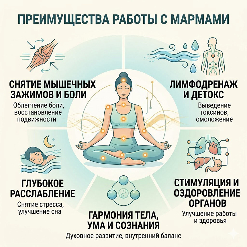 Схема показывающая шесть ключевых преимуществ марма терапии для оздоровления, детокса и расслабления организма