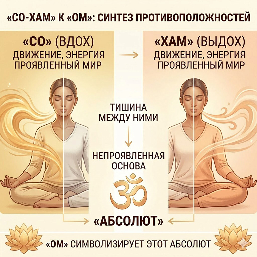 Схема дыхания «Со-Хам»: вдох и выдох как проявленная энергия, а тишина между ними символизирует Абсолют, «Ом».