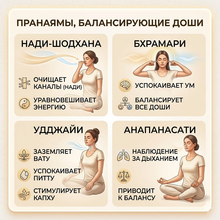 Женщина в позе лотоса медитирует с визуализацией энергетических каналов (праны) для баланса Вата-доши и ума в аюрведе