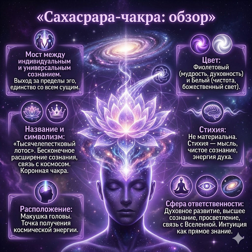 Космическая инфографика о Сахасрара-чакре: расположение, цвет, стихия и значение
