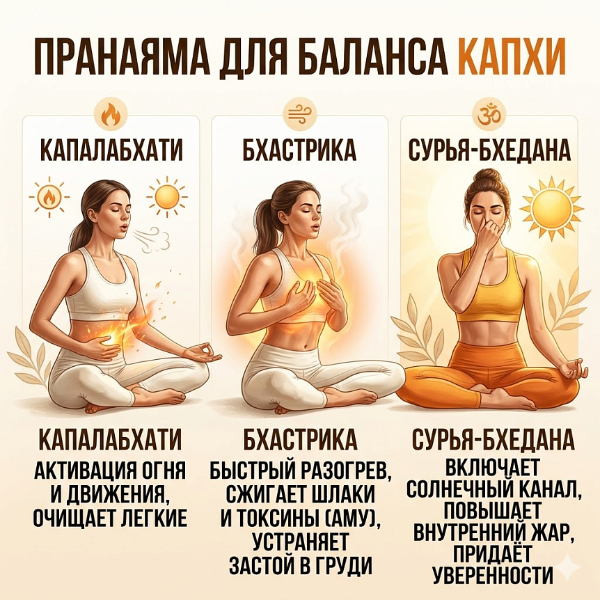 Инфографика упражнений для капха-доши, активирующих внутренний жар и метаболизм для борьбы с застойными явлениями и апатией