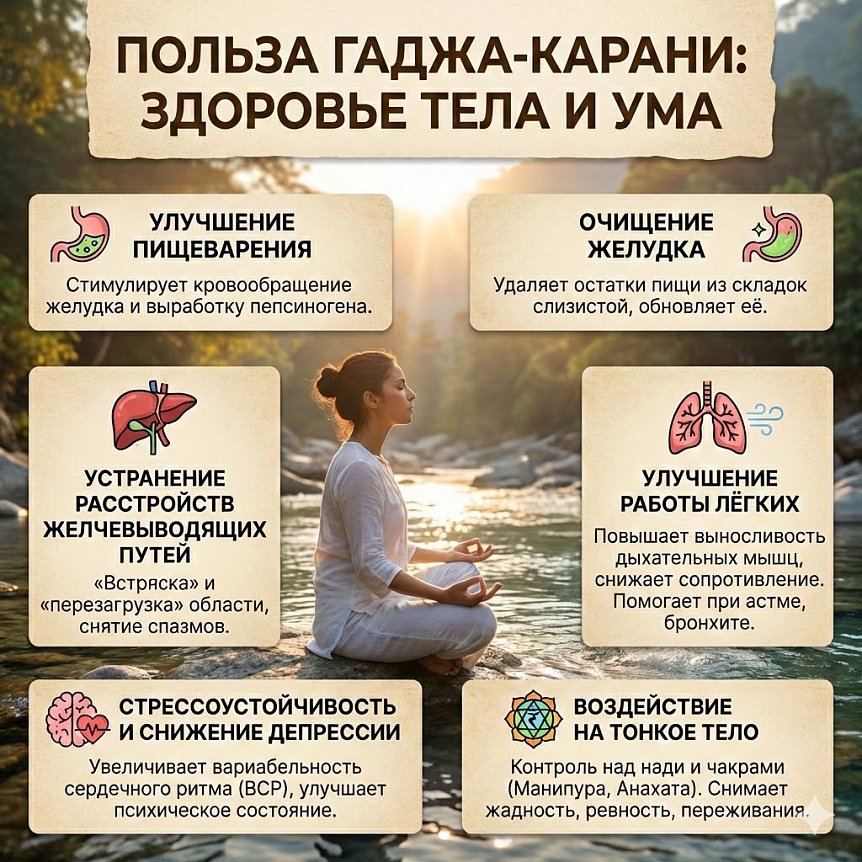 Инфографика пользы гаджа-карани для здоровья. Показаны: улучшение пищеварения, очищение желудка, работа легких, снижение стресса и влияние на чакры.