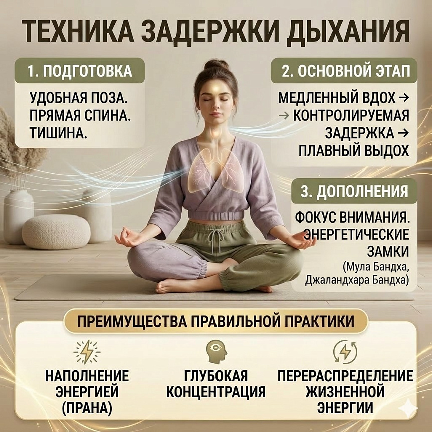 Схема техники выполнения задержек дыхания (кумбхака), показывающая этапы подготовки, практики и дополнений с бандхами для йоги.